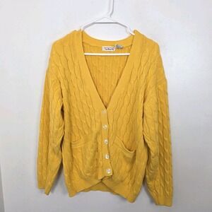 Talbots Yellow Chunky Cable Knit Chunky‎ Cotton Preppy Classic Cardigan Size L